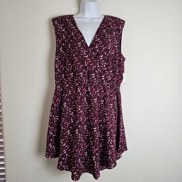Bar III Burgundy Floral V-Neck Mini Dress XL Draped Skirt Sleeveless - Picture 3 of 15